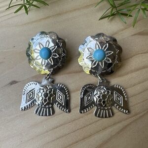 VTG Dangle Earrings Southwestern 2.25 Inch Faux Turquoise‎ Thunderbird Steel